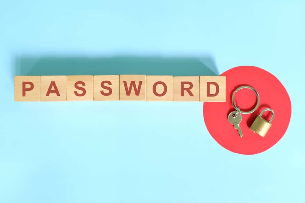 Password typography using wooden blocks with a key and lock on a red circle