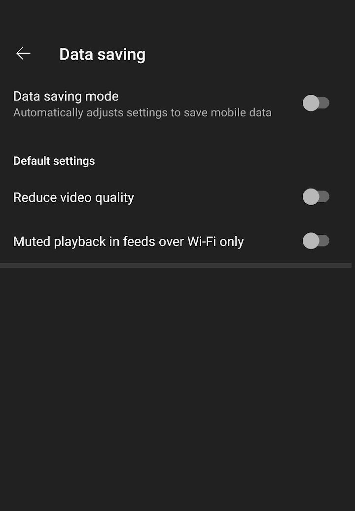 YouTube app data saving settings on Android