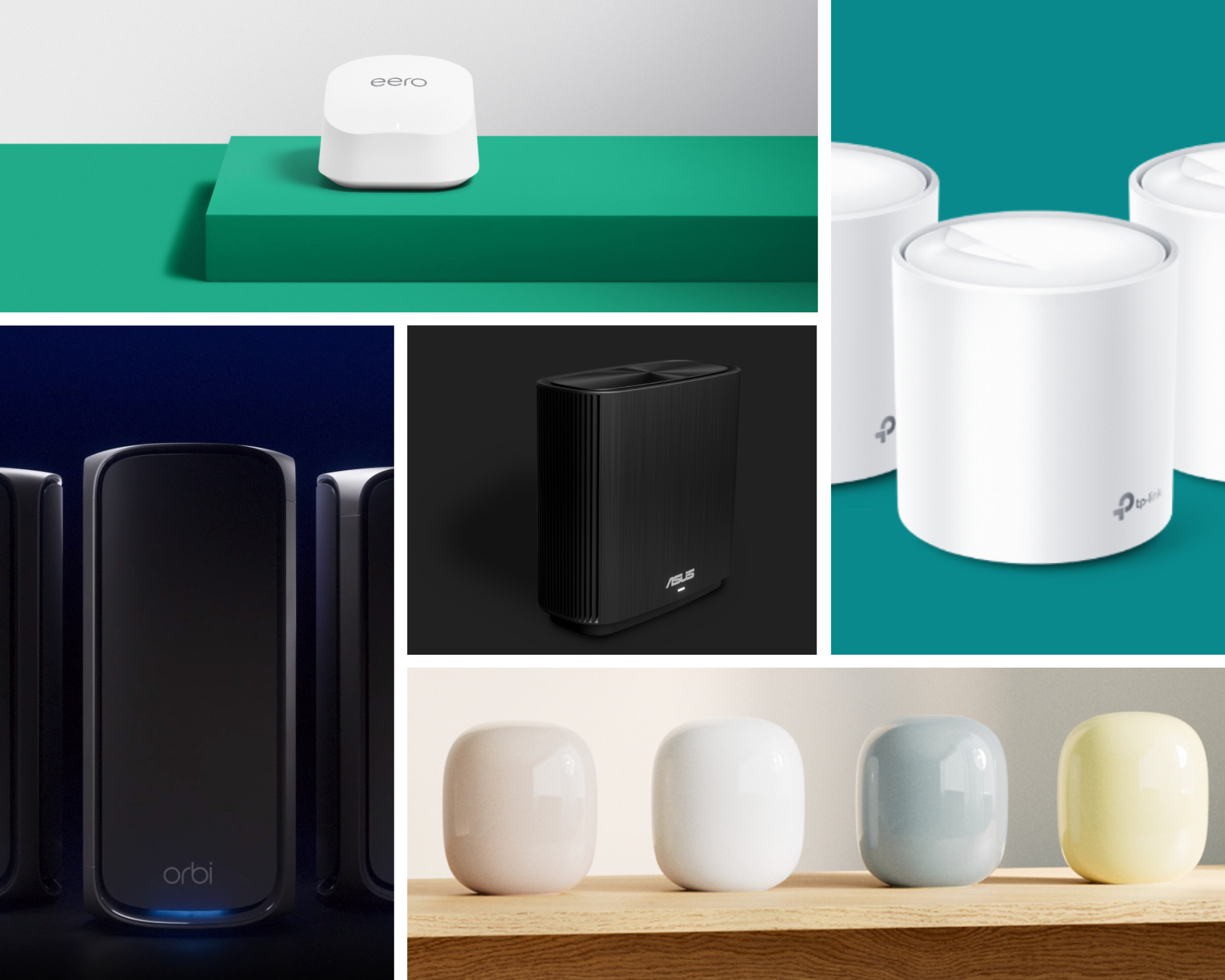 Collage of Wi-Fi mesh routers, including Orbi, Google, eero, Asus, and TP-Link devices.