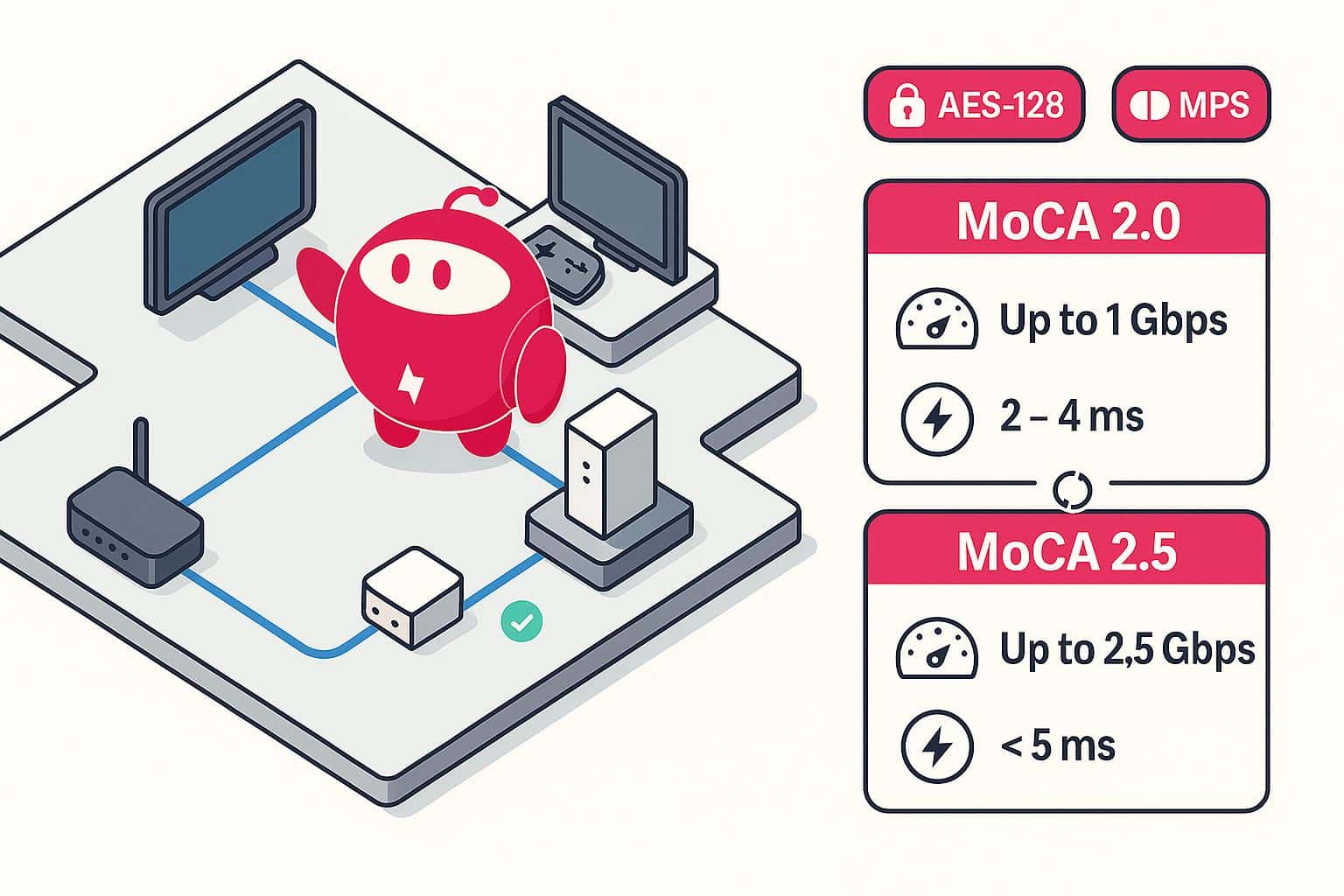 MoCA home network diagram with adapters, speeds up to 2.5 Gbps and latency under 5 ms.