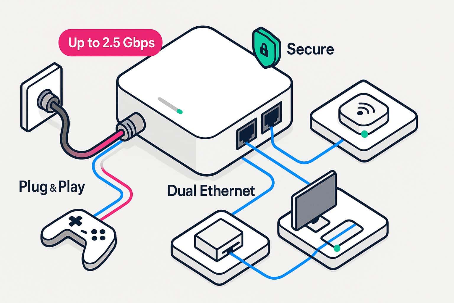 Secure plug-and-play adapter with dual Ethernet, supporting speeds up to 2.5 Gbps.