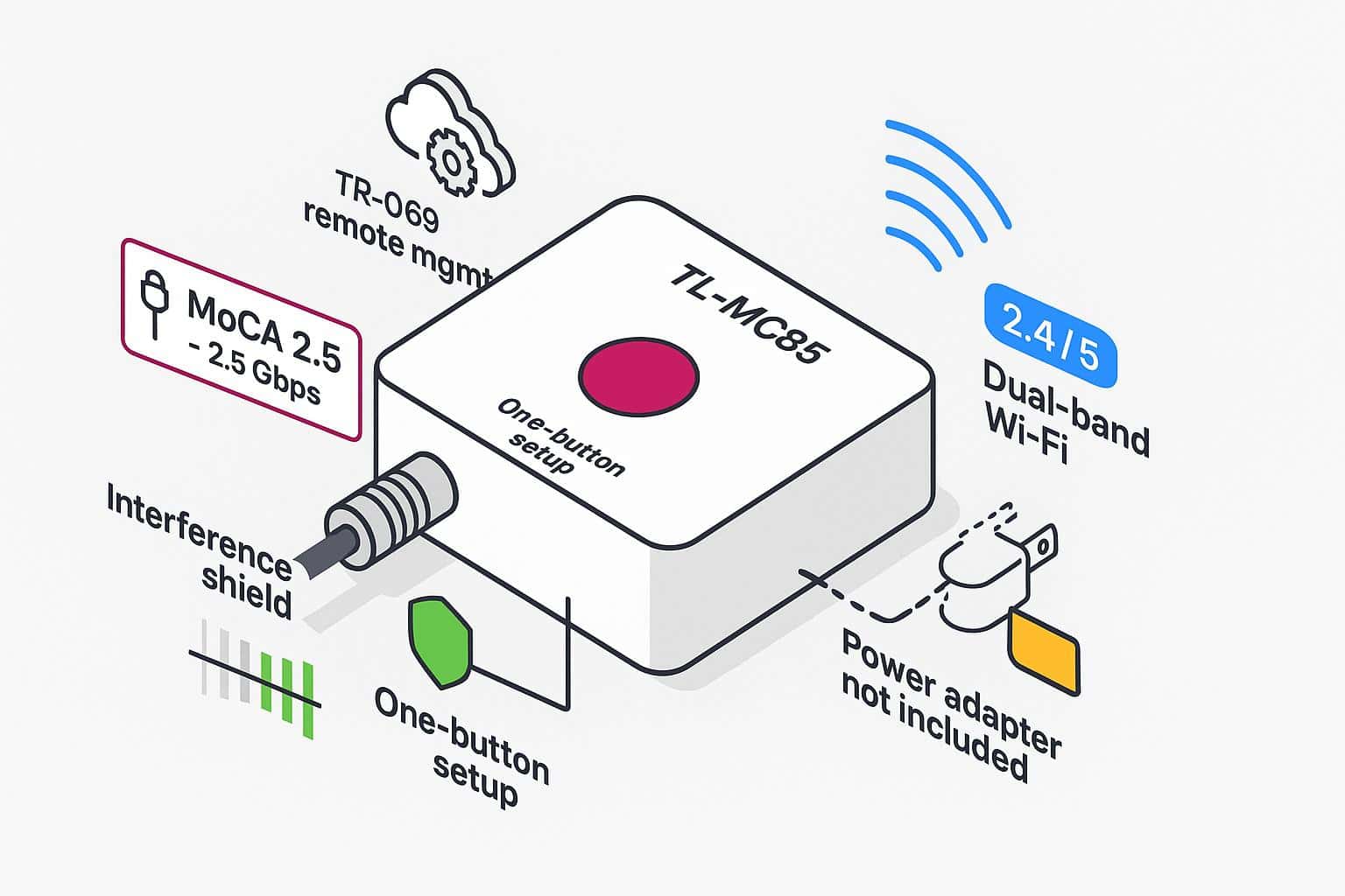 Diagram of TL-MC85 MoCA 2.5 adapter with one-button setup, dual-band Wi-Fi and TR-069.