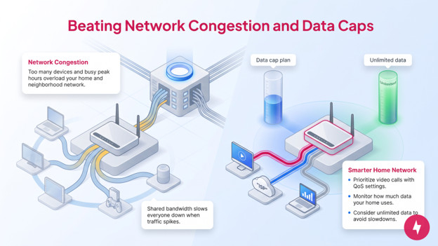 An infographic showing network congestion causes and solutions for home internet users.