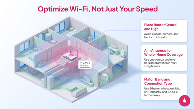  An isometric illustration showing how to optimize router placement and settings in a home.