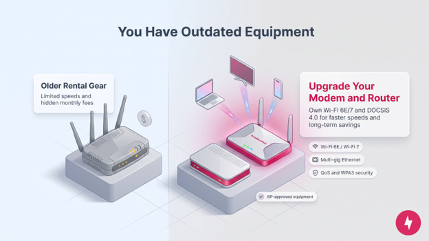 Comparison showing old rental routers versus modern high-speed equipment for internet upgrades
