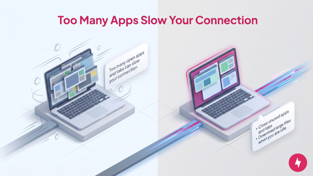  Comparison showing how closing excess applications improves internet connection speed.