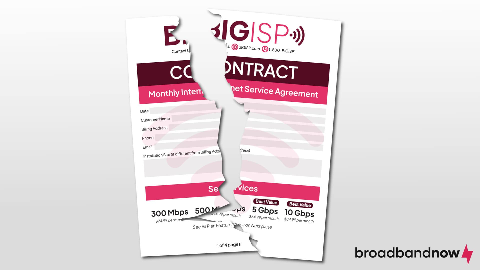 A graphic of a contract from Big ISP that has been torn in half.