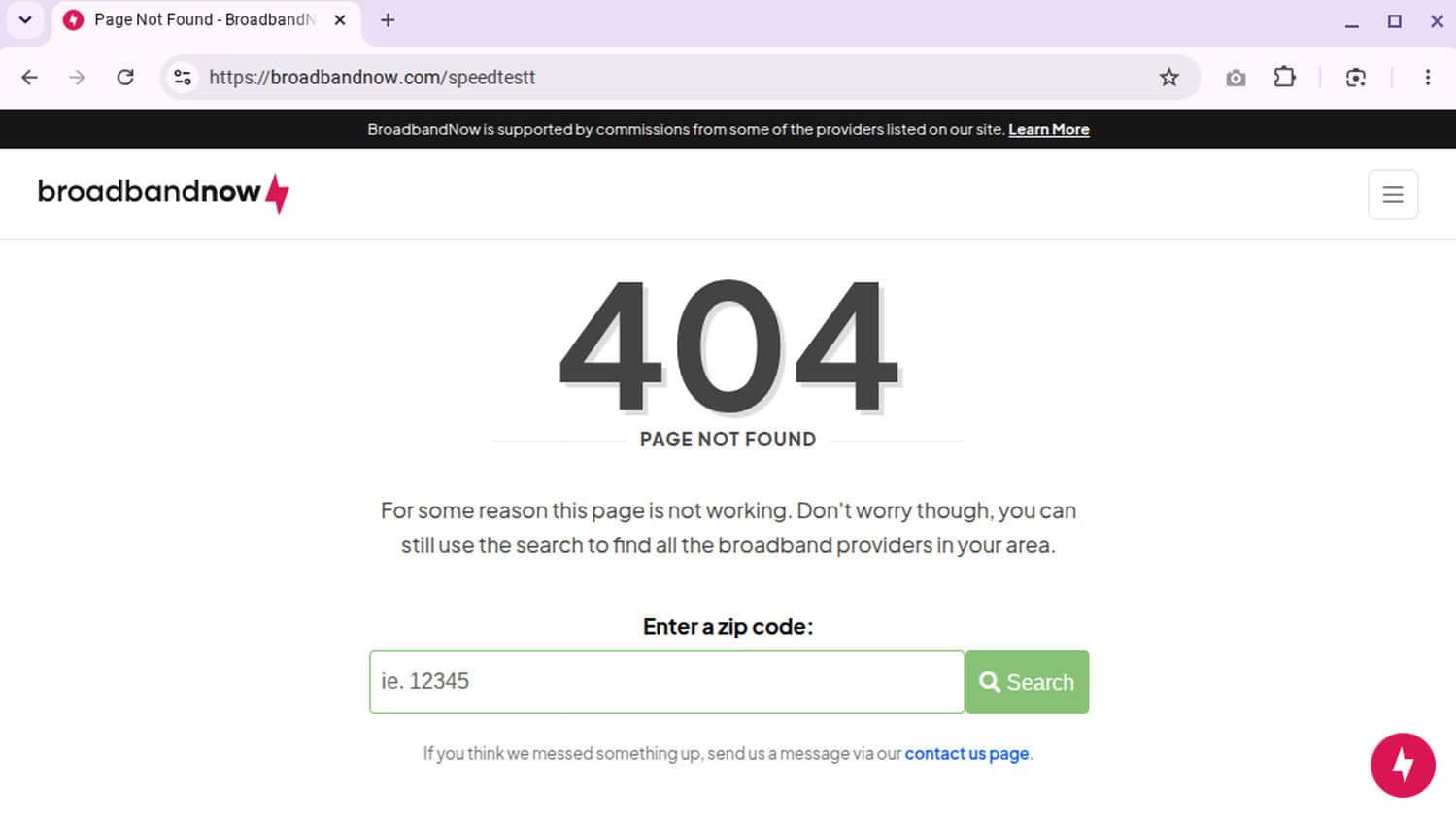 A screenshot of a 404 Page Not Found page on BroadbandNow.com