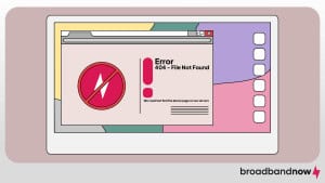 A graphic design showing a computer screen with a 404 error pop-up window.
