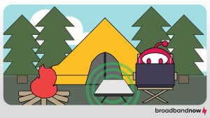 A graphic design of a character mascot using a laptop while camping.