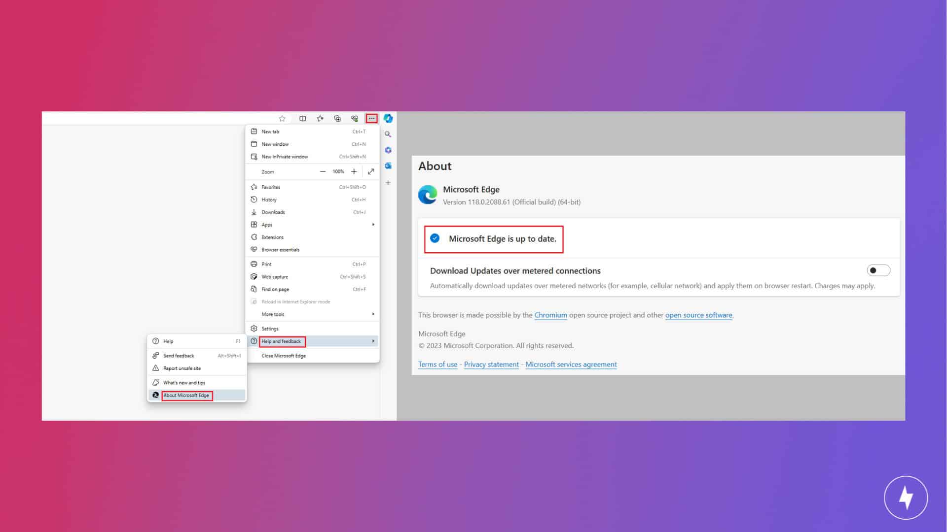 Screenshots of Microsoft Edge update process