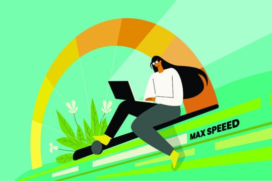 Graphic with a woman on a laptop in front of a cartoon speed test