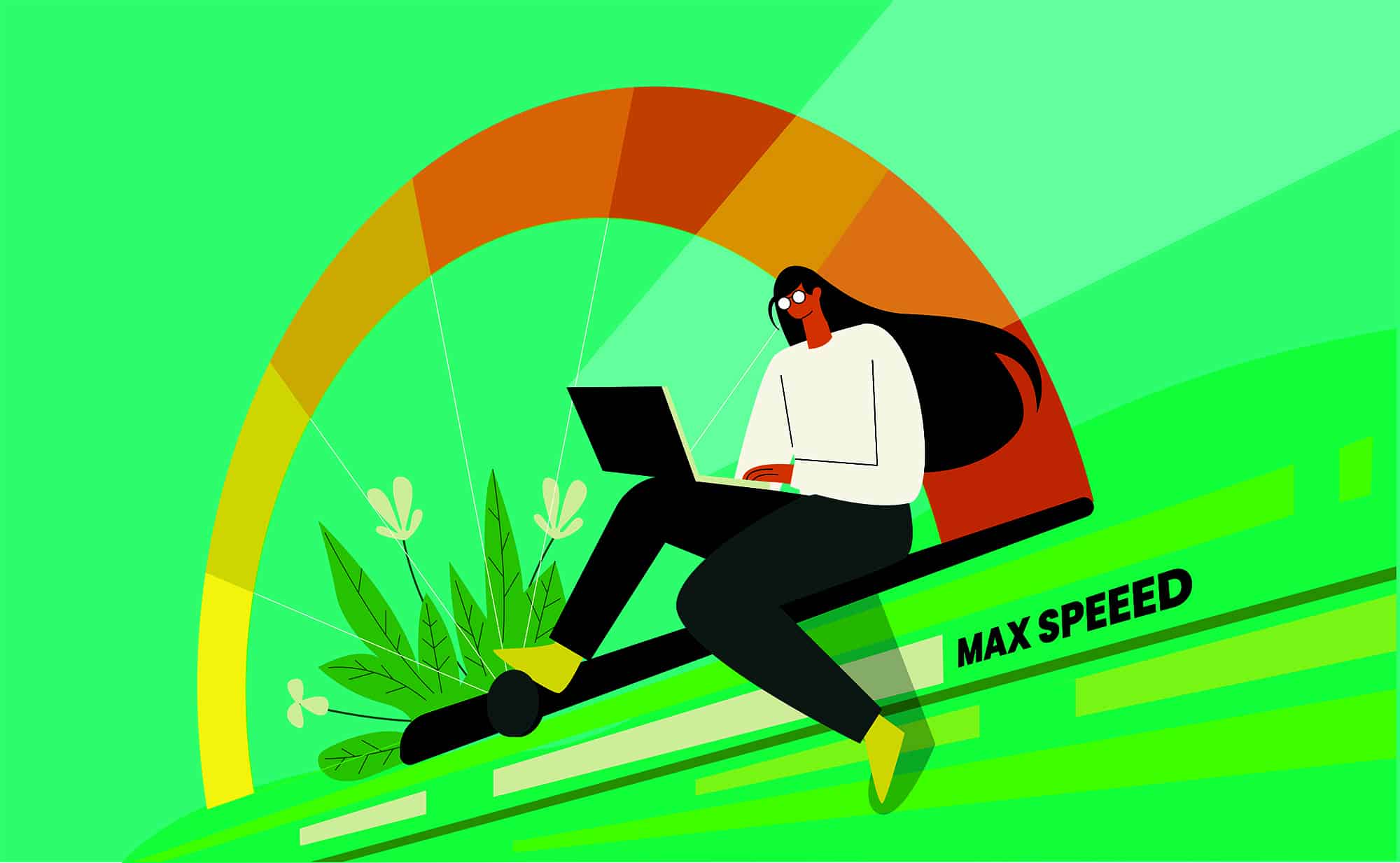 Graphic with a woman on a laptop in front of a cartoon speed test