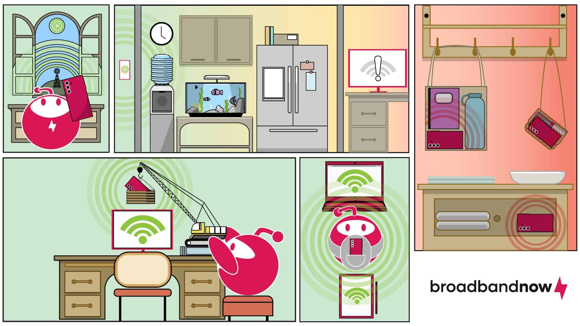 A graphic of Zippy showing where to place a hotspot device in different areas of the house. 