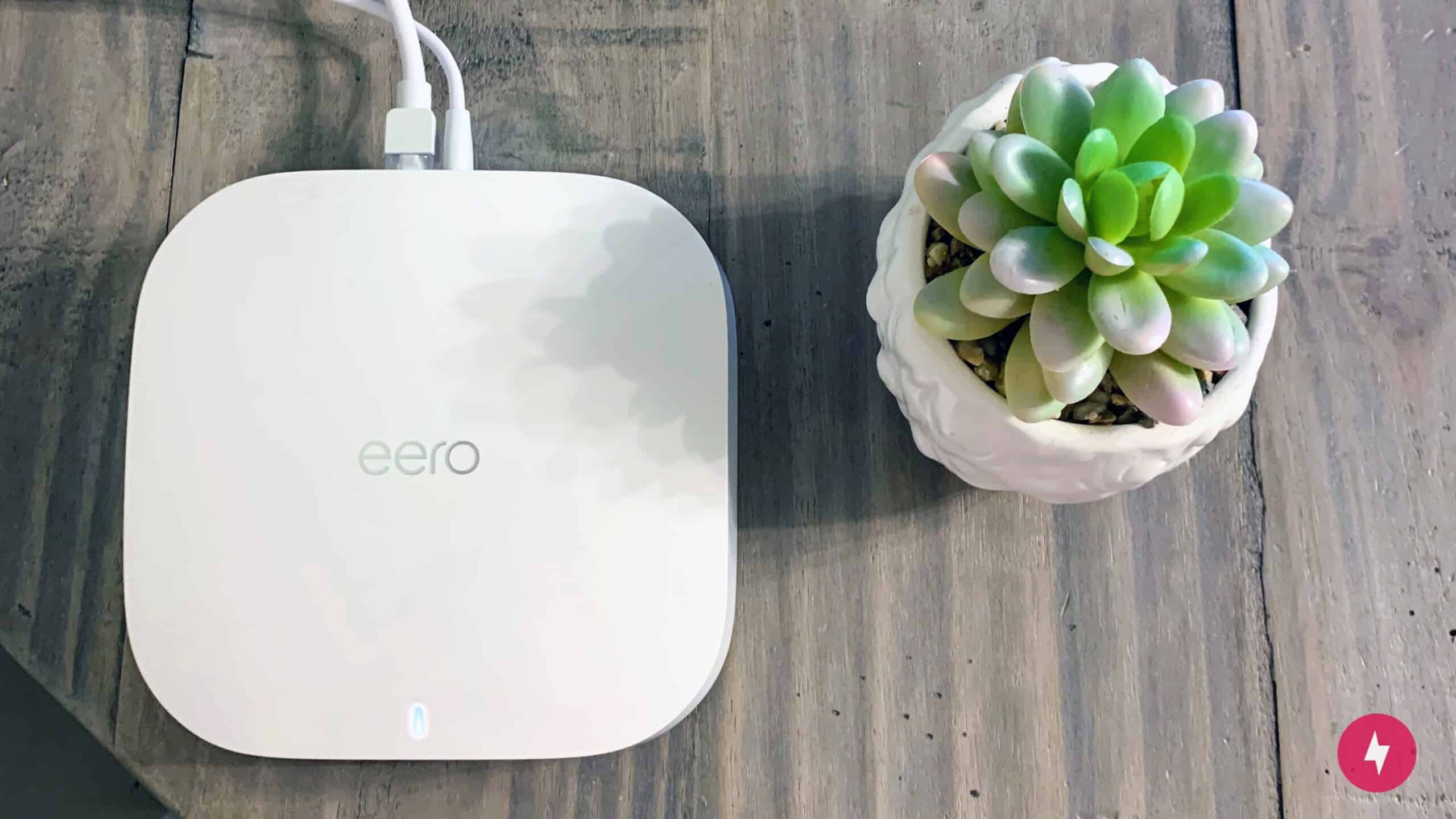 An eero Pro 6 device sitting next to a succulent plant on a TV stand.