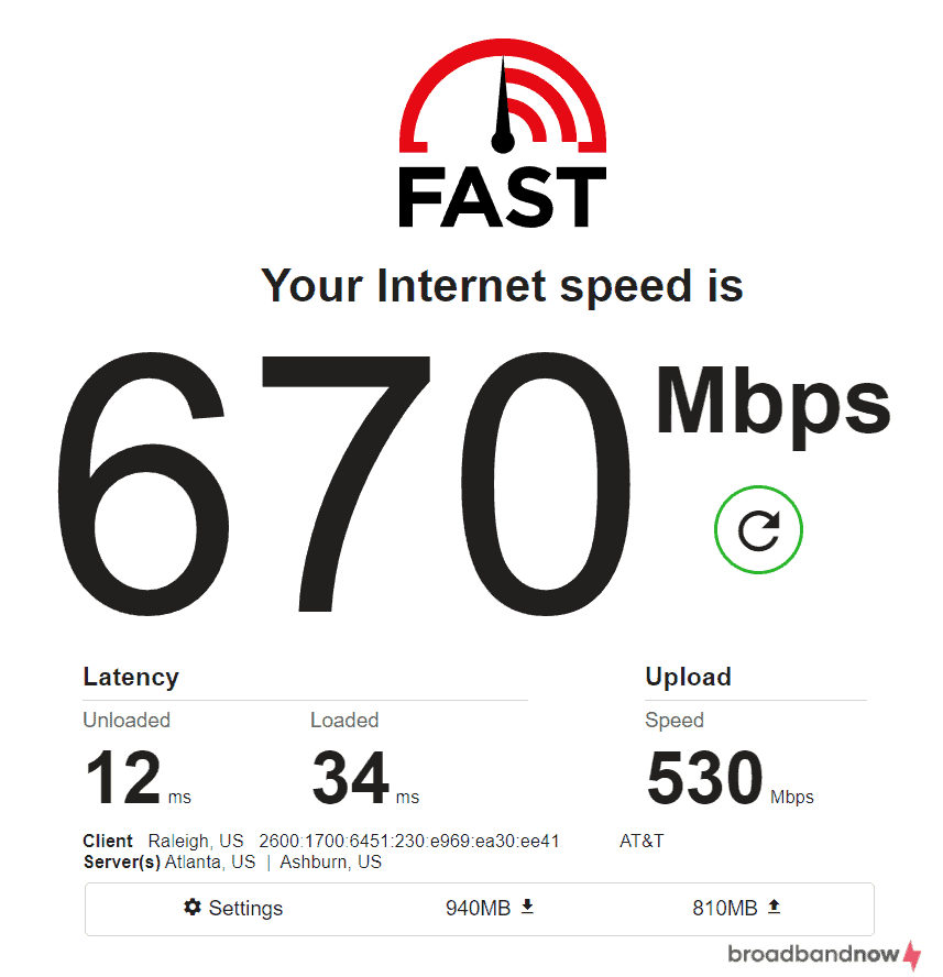 Screenshot of Fast.com internet speed test on desktop