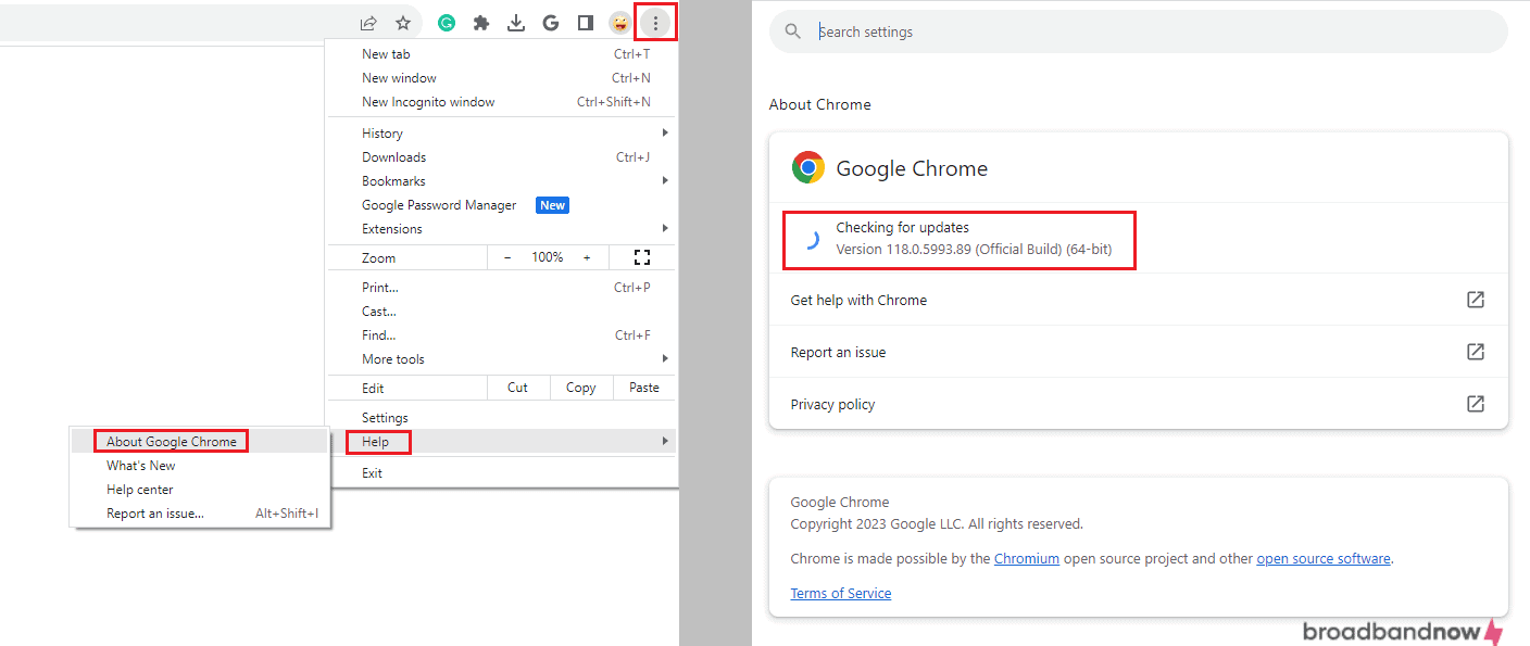 Screenshots of Google Chrome update process