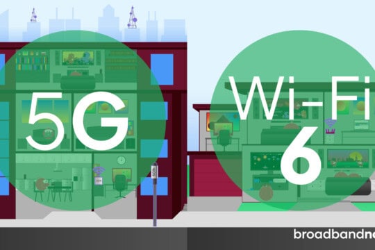 A graphic design of two houses, one with 5G internet and the other with Wi-Fi 6.