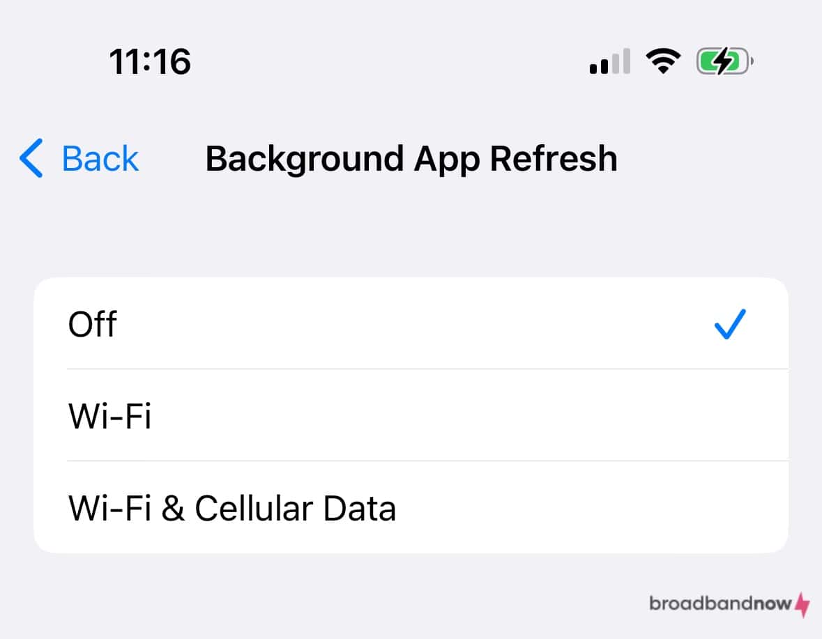 Screenshot of an iPhone’s Background App Refresh settings turned off.