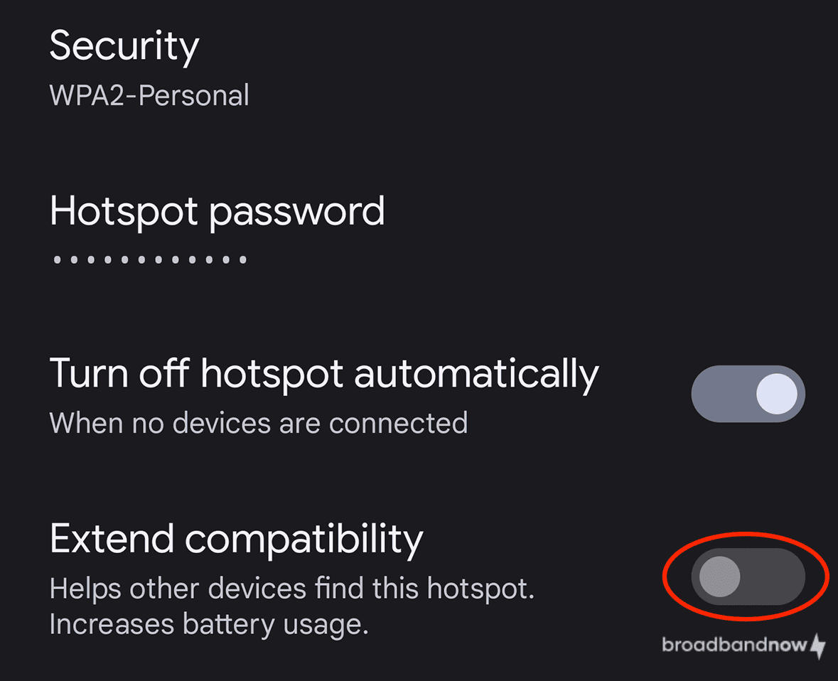 Android phone screenshot showing hotspot settings with the Extend Compatibility toggle circled.