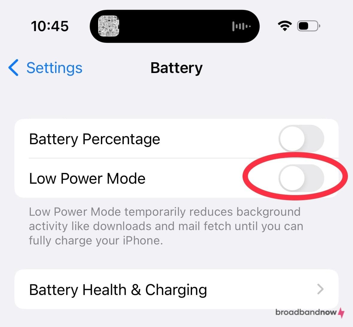 eenshot of an iPhone’s battery settings that shows the user turning off Low Power Mode.