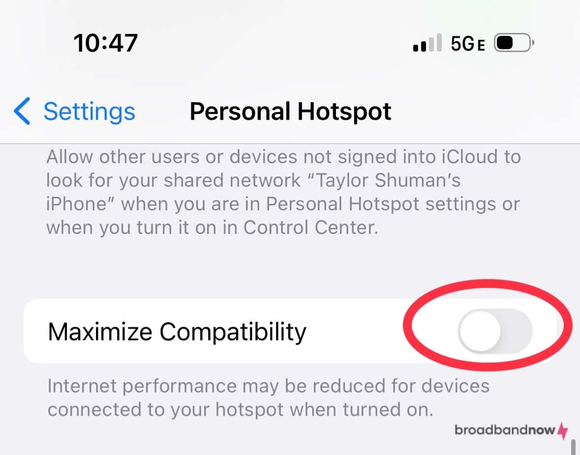 Screenshot of an iPhone’s Personal Hotspot settings with the Maximize Compatibility setting circled in red.