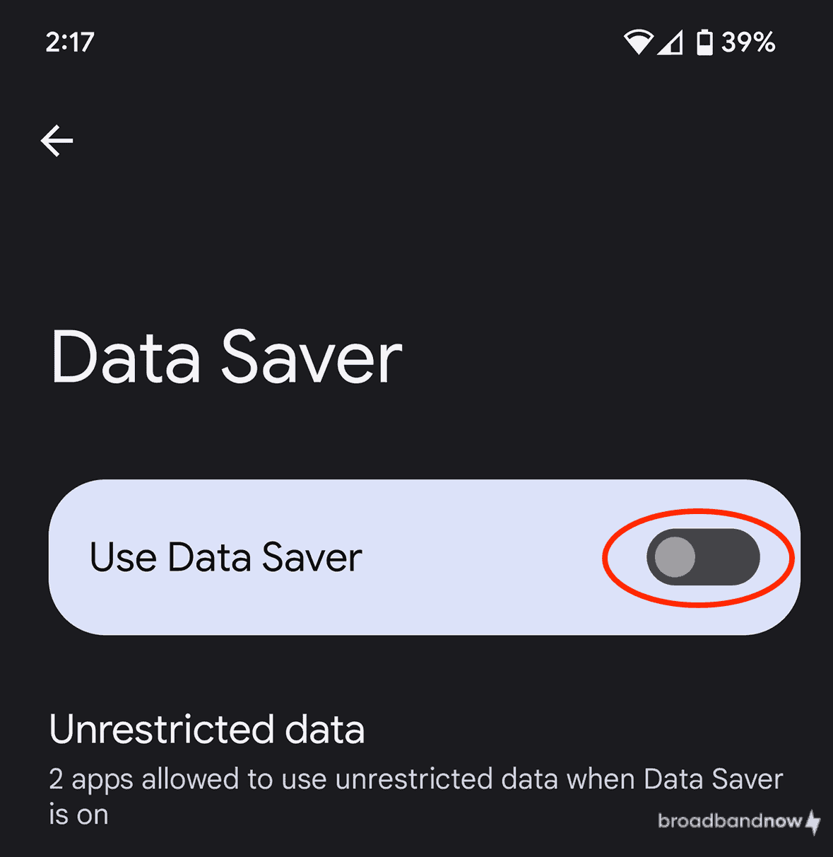 Android phone screenshot with the Use Data Saver setting