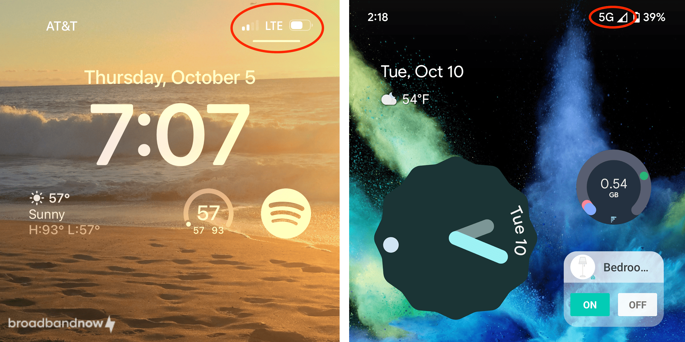 Screenshot of an iPhone’s home screen showing two bars of LTE service with a picture of the ocean in the background and an Android home screen with 5G service.