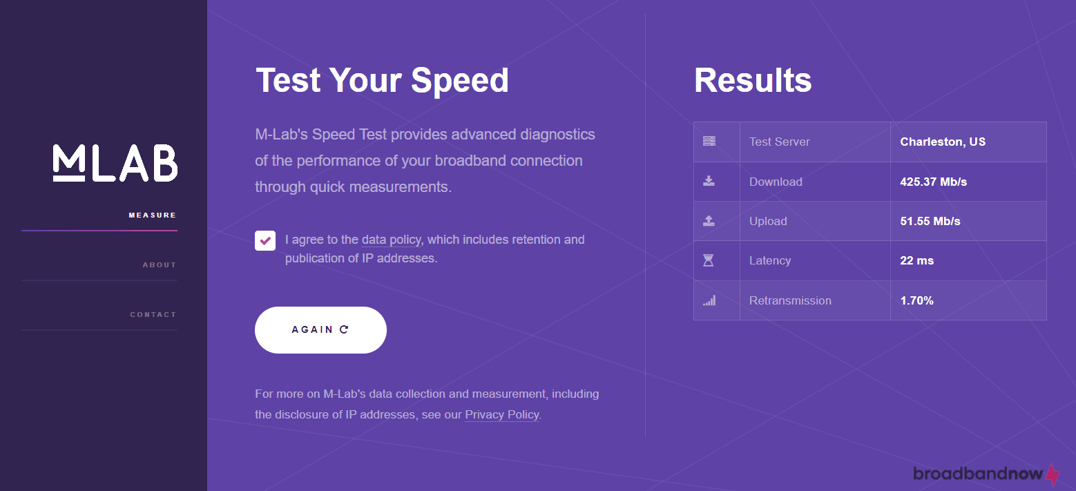 Screenshot of Measurement Lab internet speed test on desktop