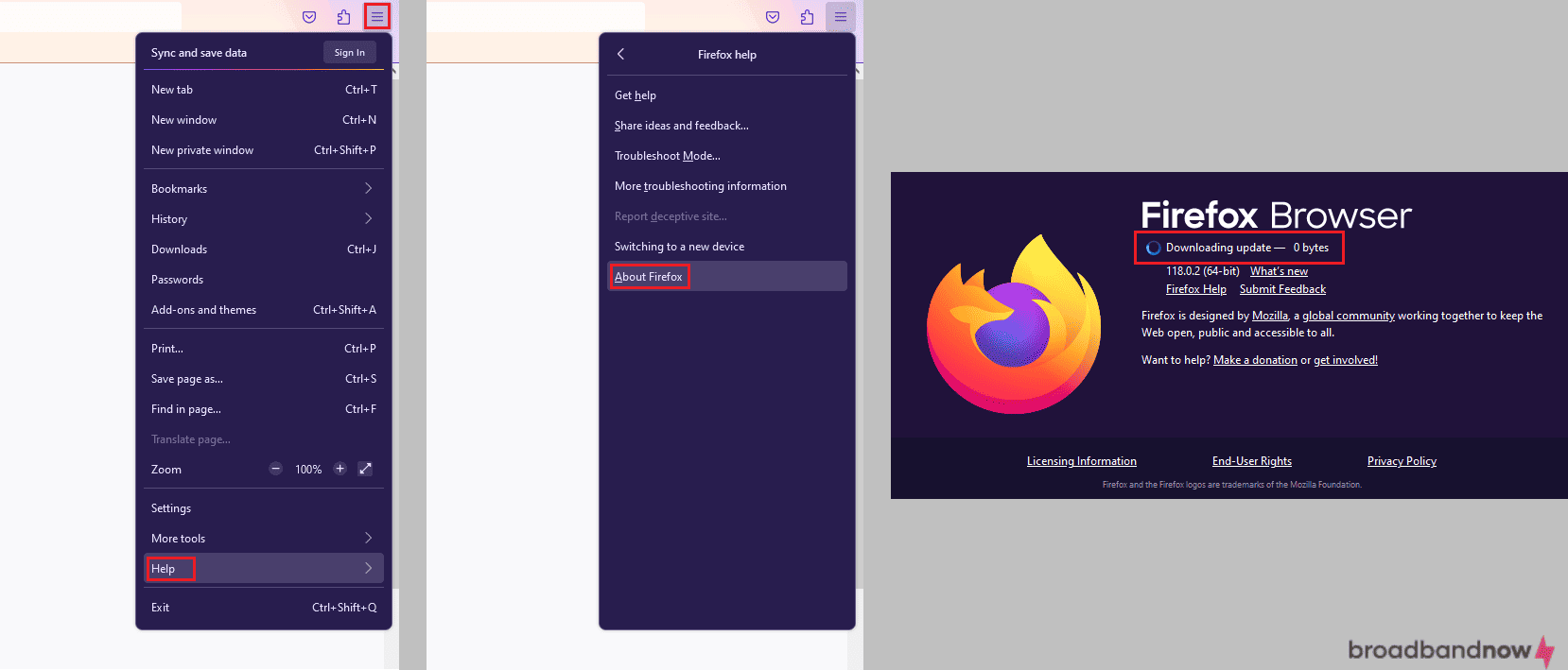 Screenshots of Mozilla Firefox update process