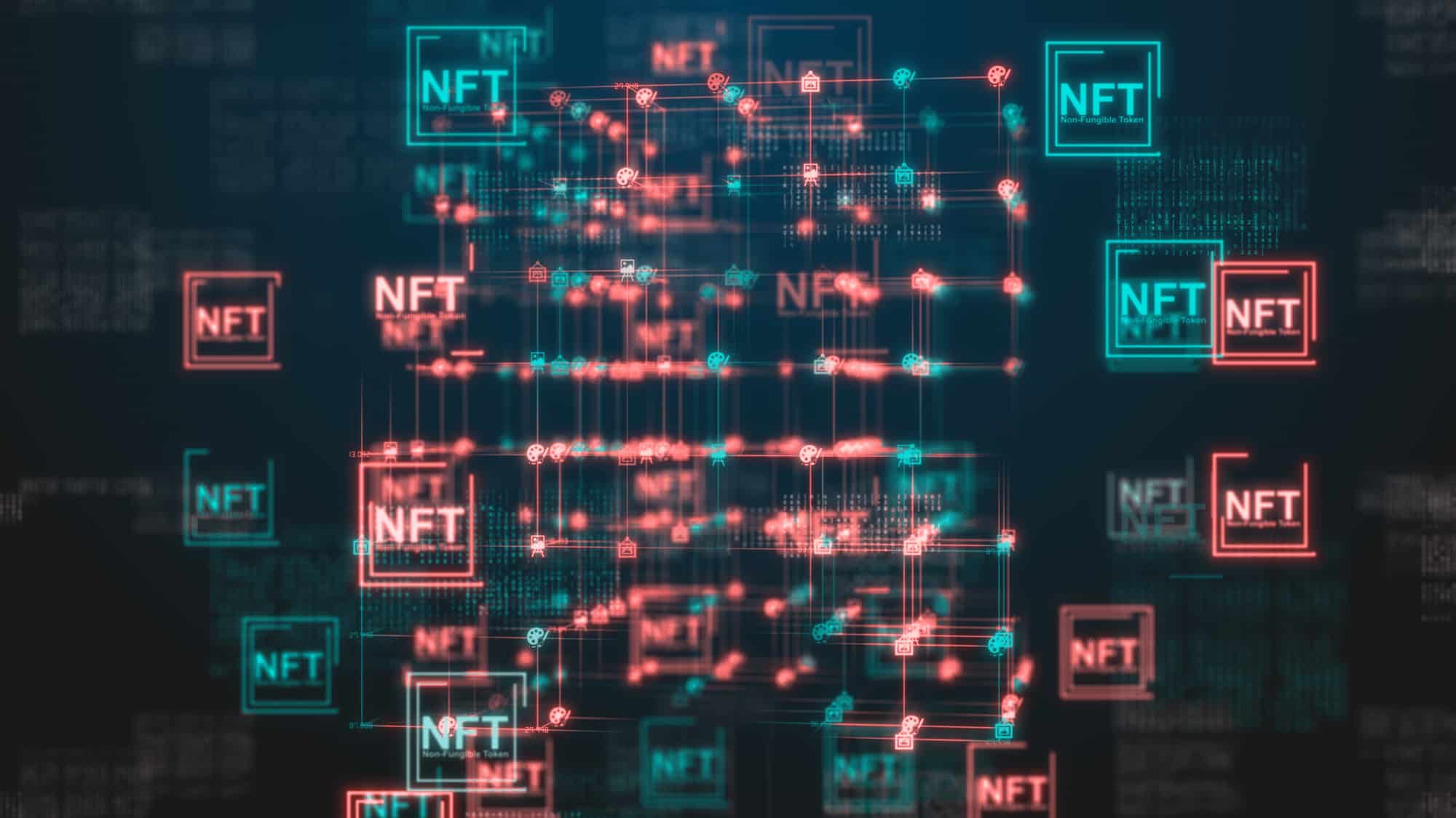 Visualization with red and cyan NFT blocks in a blockchain network