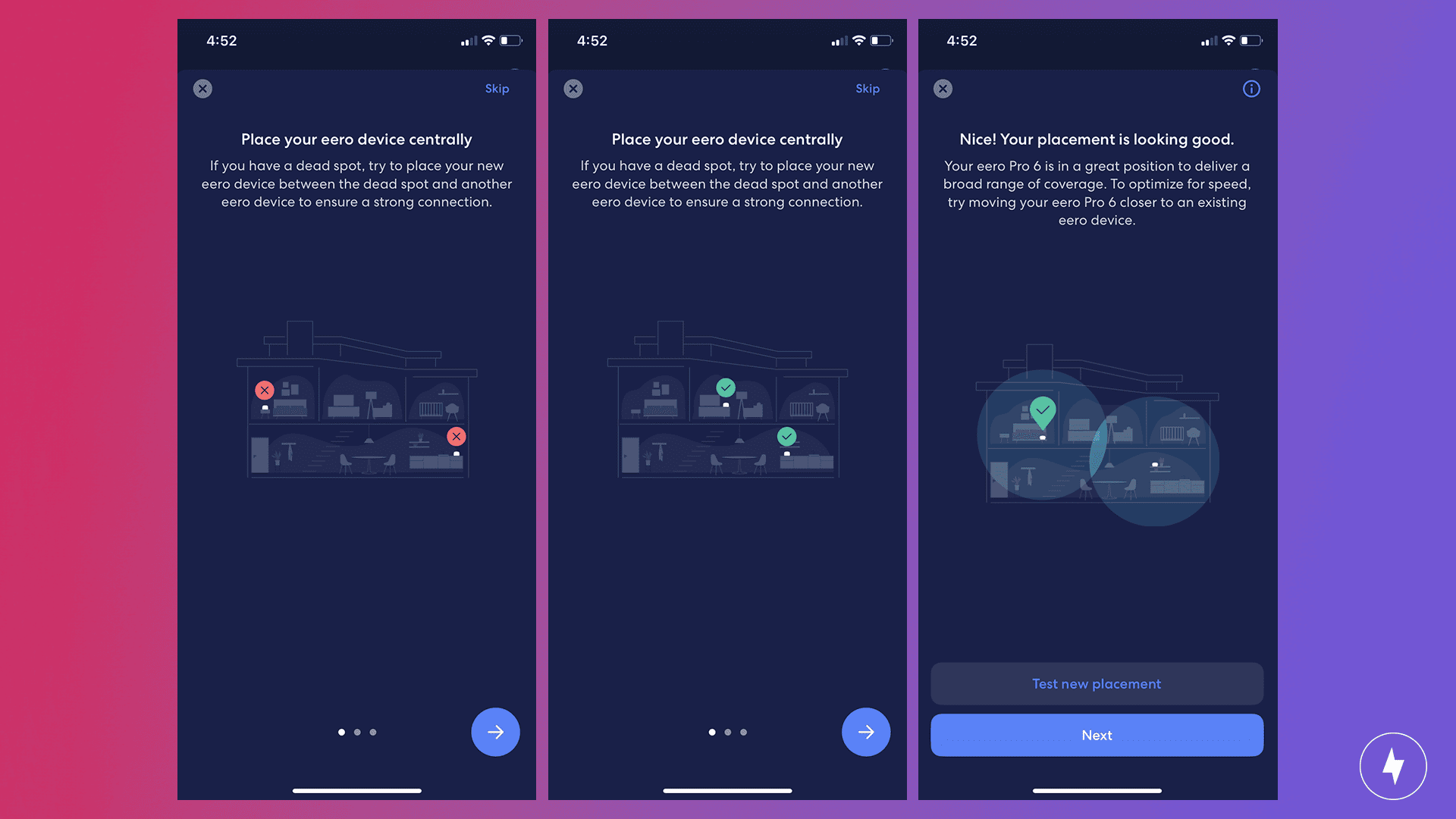 Screenshot images of eero recommending where to place multiple devices throughout a home.