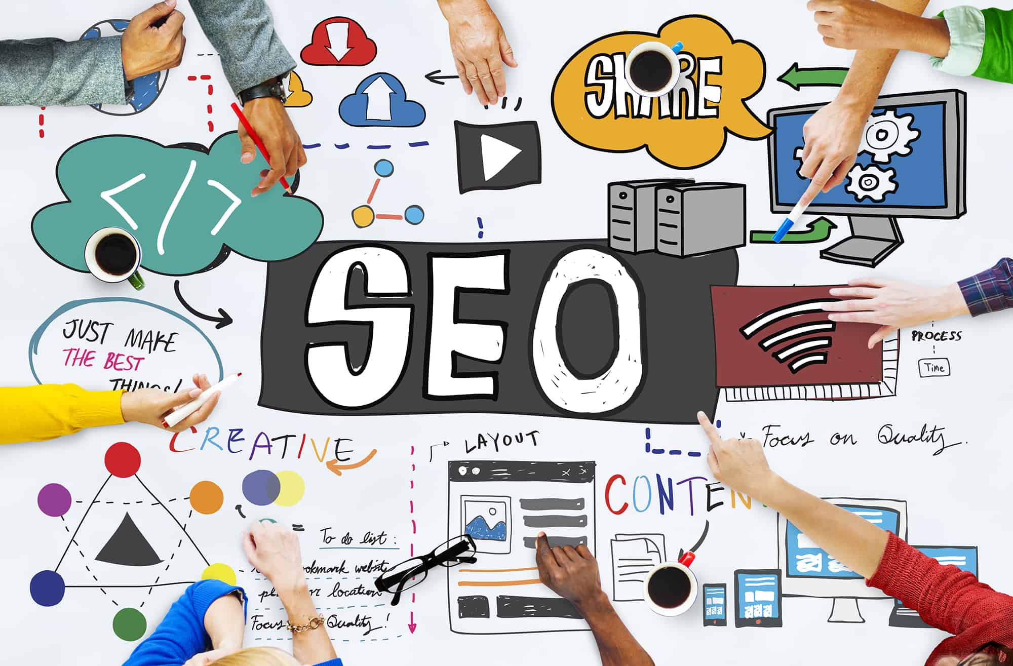Image of multiple people drawing on a board with the word “SEO” in the center