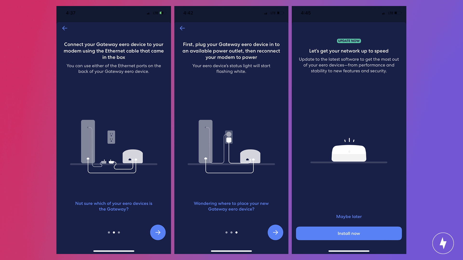 Screenshot images of the step-by-step process for setting up an eero Pro 6 device