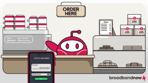 A graphic design of a character mascot working at a coffee shop.