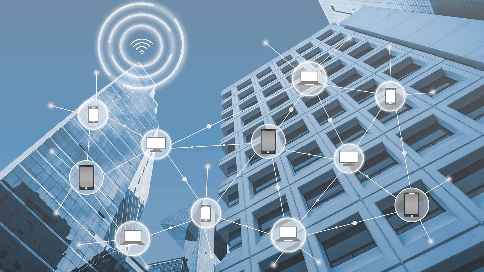 A web of interconnected devices through Wi-Fi are scattered across an apartment building.
