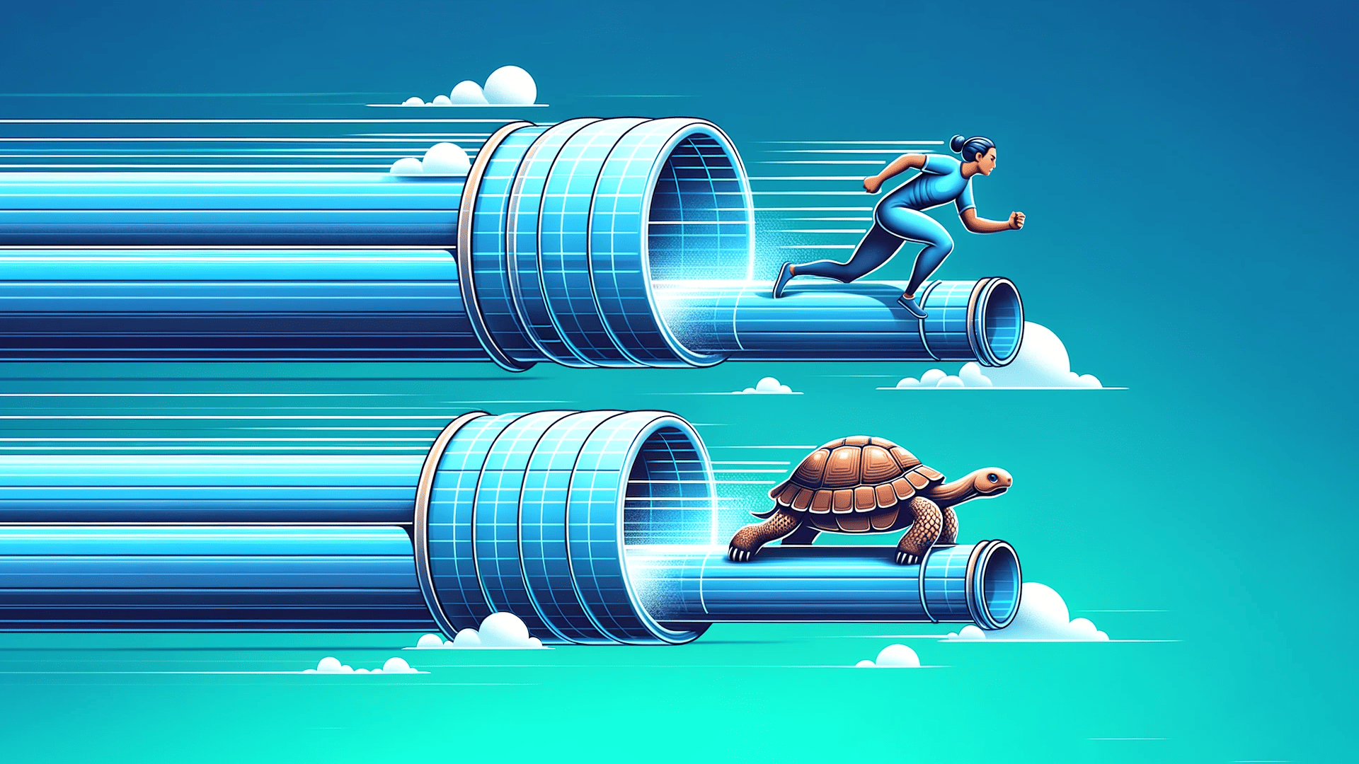 Two internet cables, one with a fast runner depicting a quick connection and another with a slow turtle