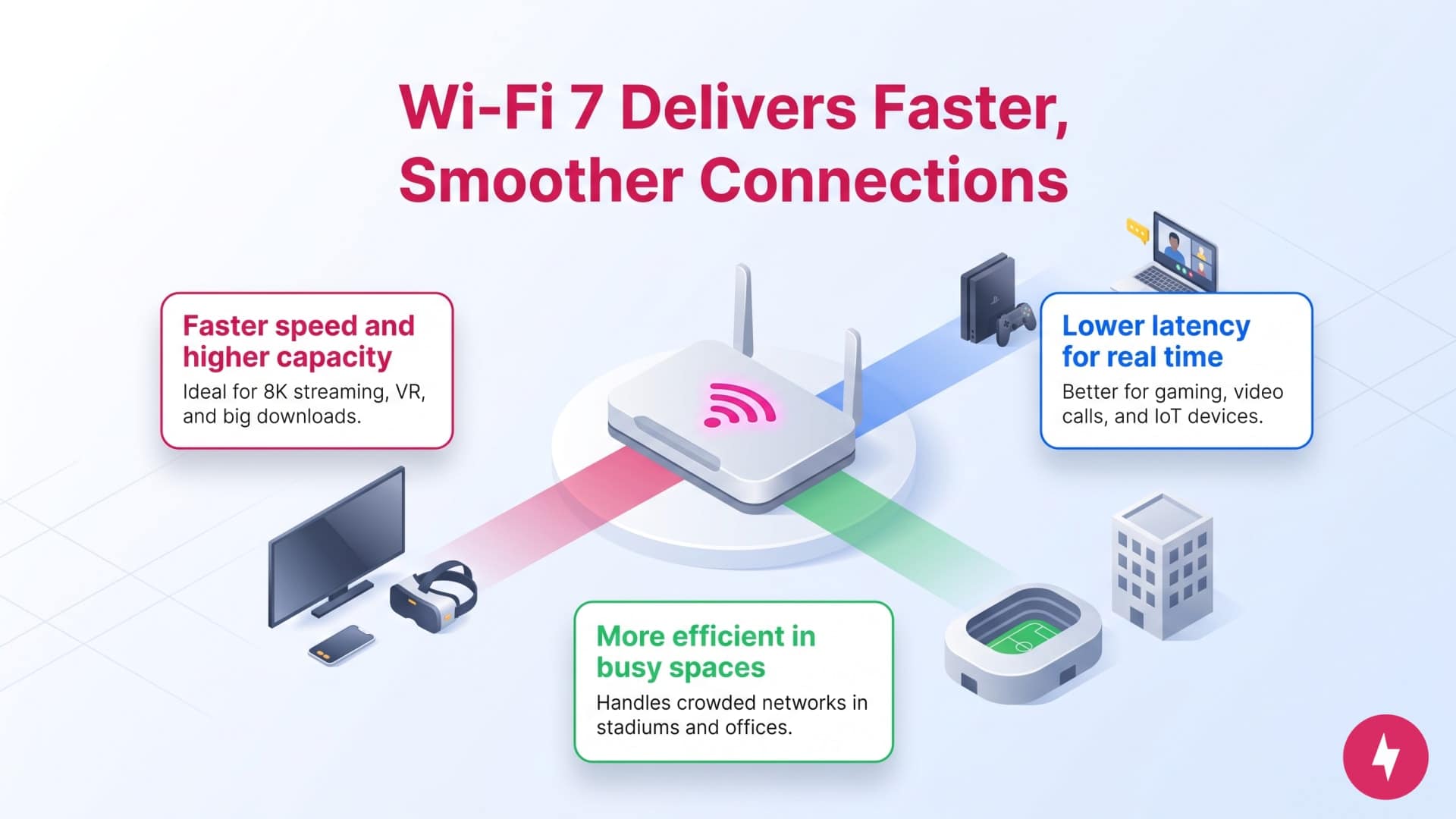 An illustration showing three core benefits of Wi-Fi 7 including speed, latency, and efficiency.