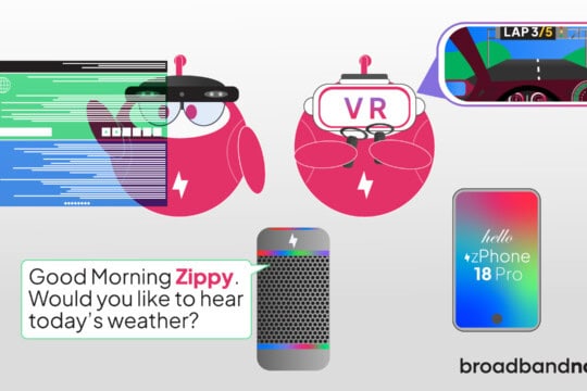 A graphic design of character mascots utilizing AR and VR devices with other smart home devices that support Wi-Fi 7.