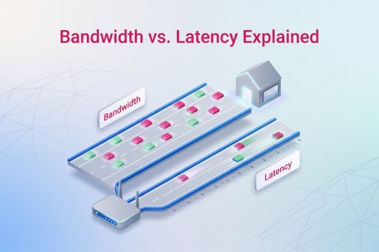 An isometric 3D graphic showing two paths representing bandwidth as a wide road and latency as a fast track.