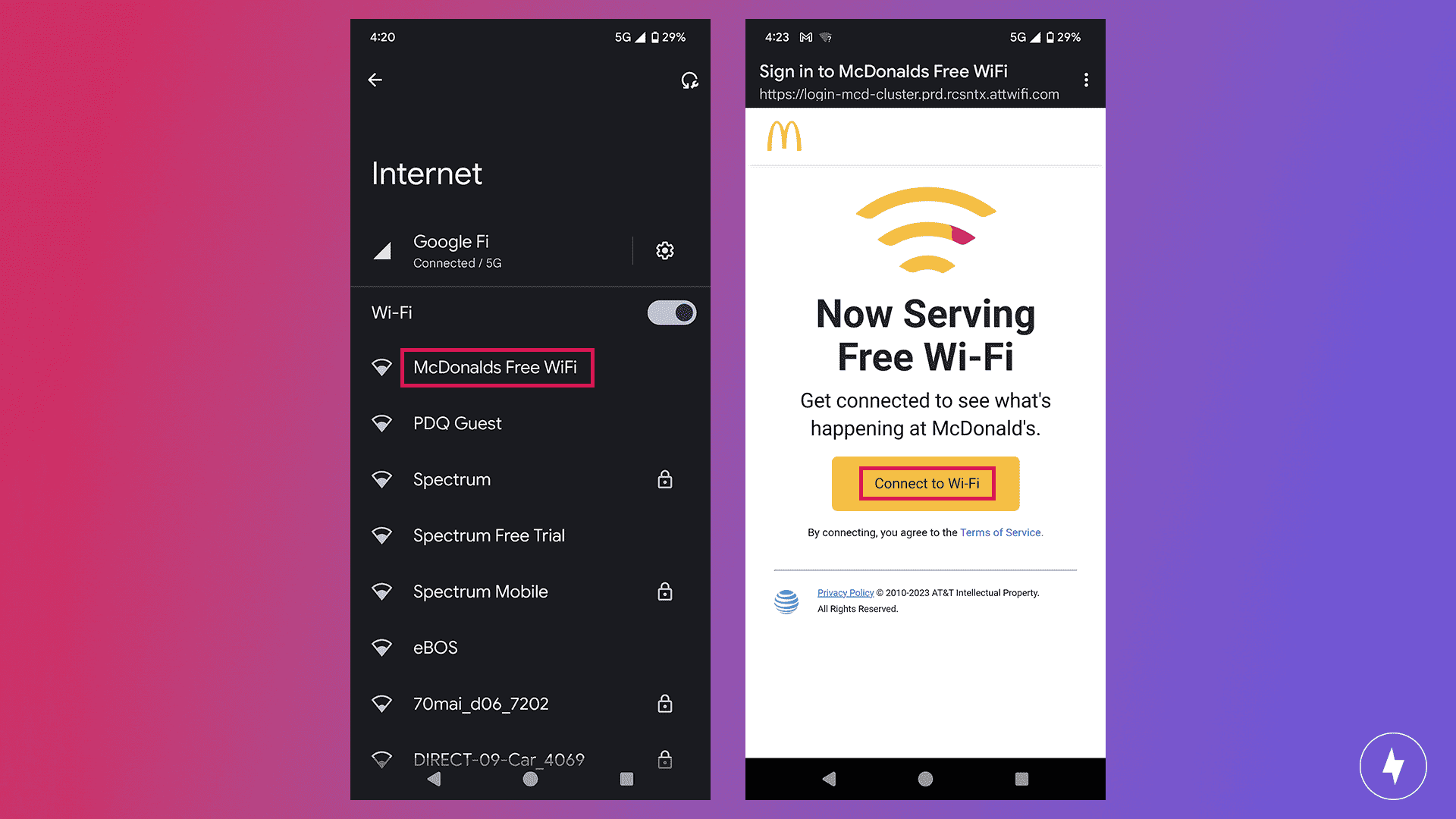 Two Android screenshots showing McDonald’s Wi-Fi connection.