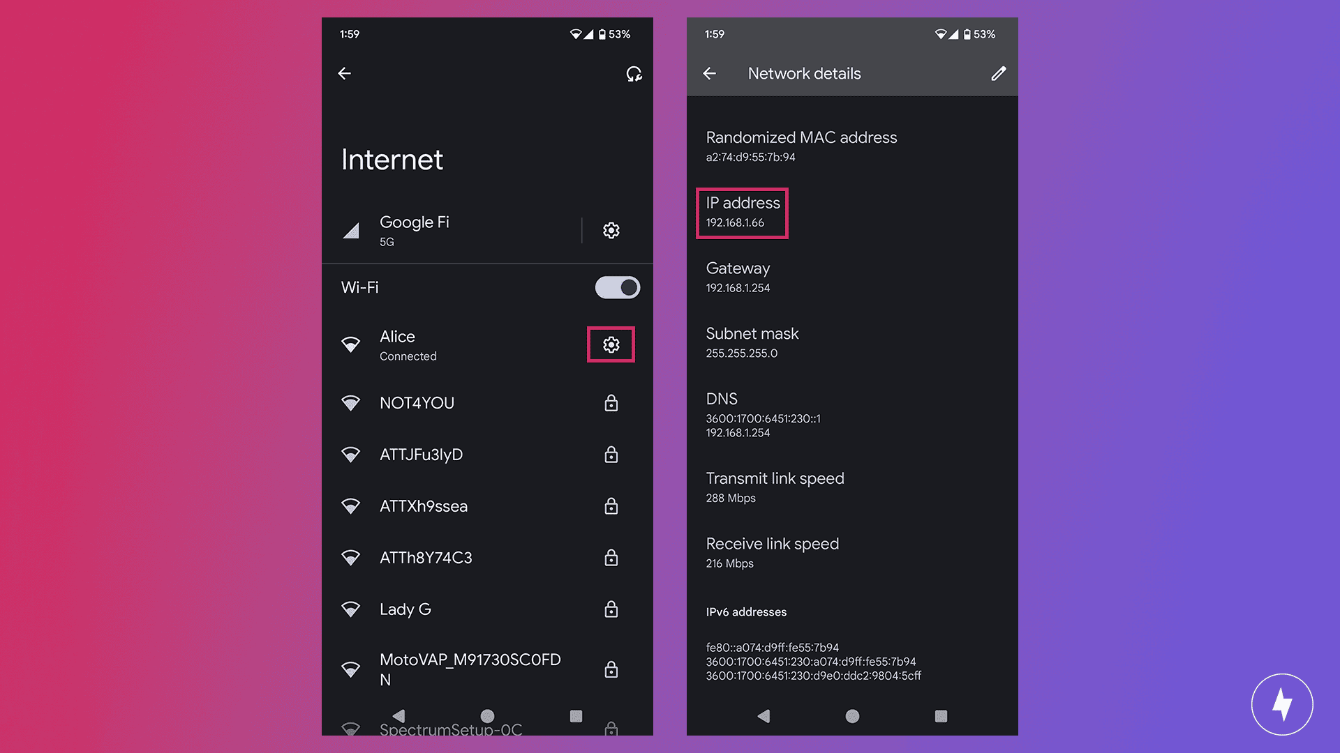 Screenshot showing Wi-Fi settings and IP address for Android