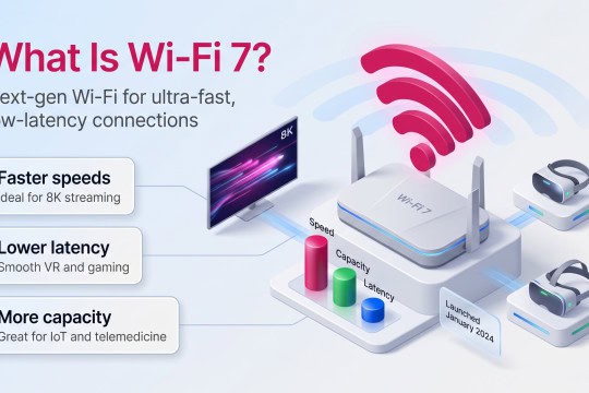 An infographic showing a Wi-Fi 7 router connected to an 8K TV and virtual reality headsets.