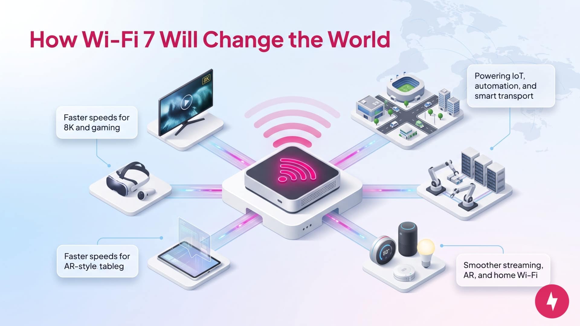 An illustration showing a central Wi-Fi 7 router connecting to various devices and urban systems.