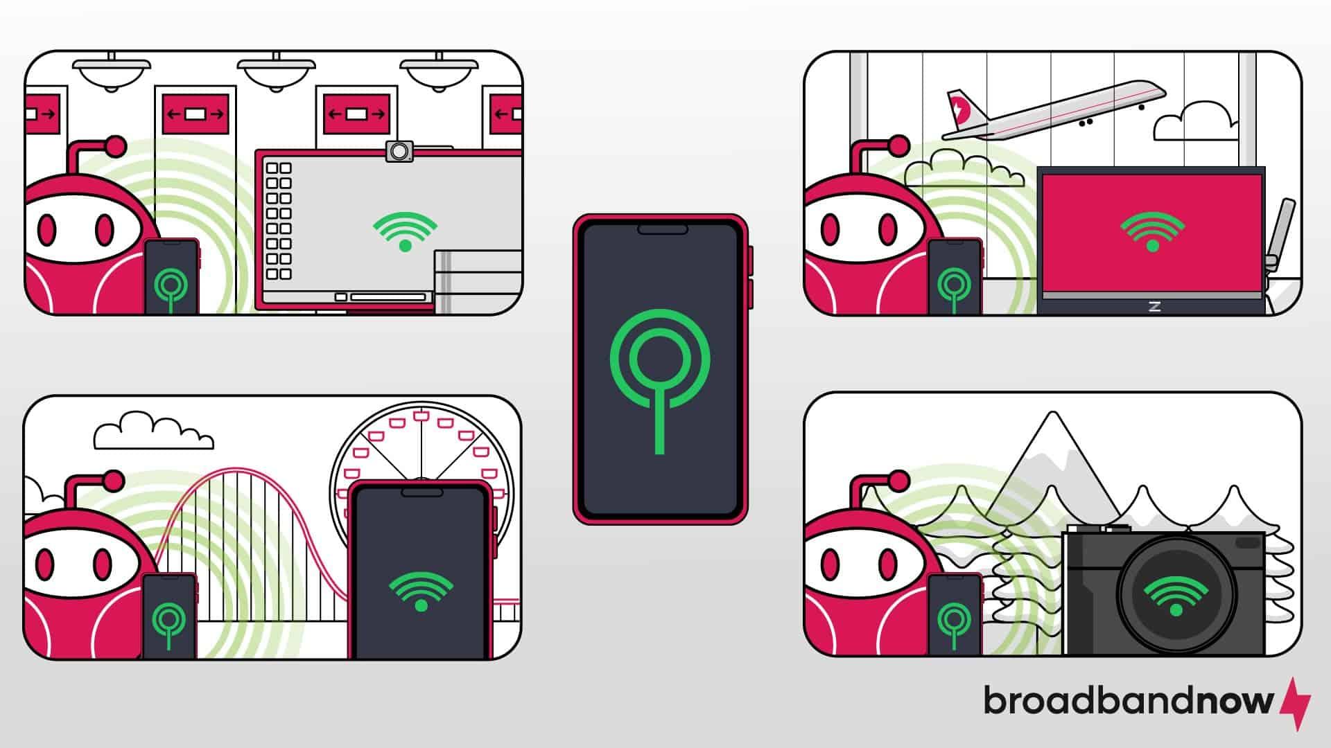 A graphic design image of a character mascot in different places connecting to devices with a mobile hotspot.