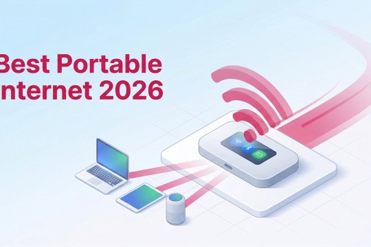 Illustration of a portable hotspot connecting a laptop, tablet, and smart speaker.