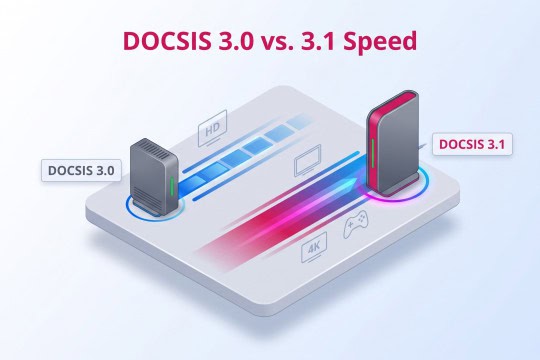 Isometric 3D render comparing DOCSIS 3.0 and 3.1 modem towers with speed visualization beams.