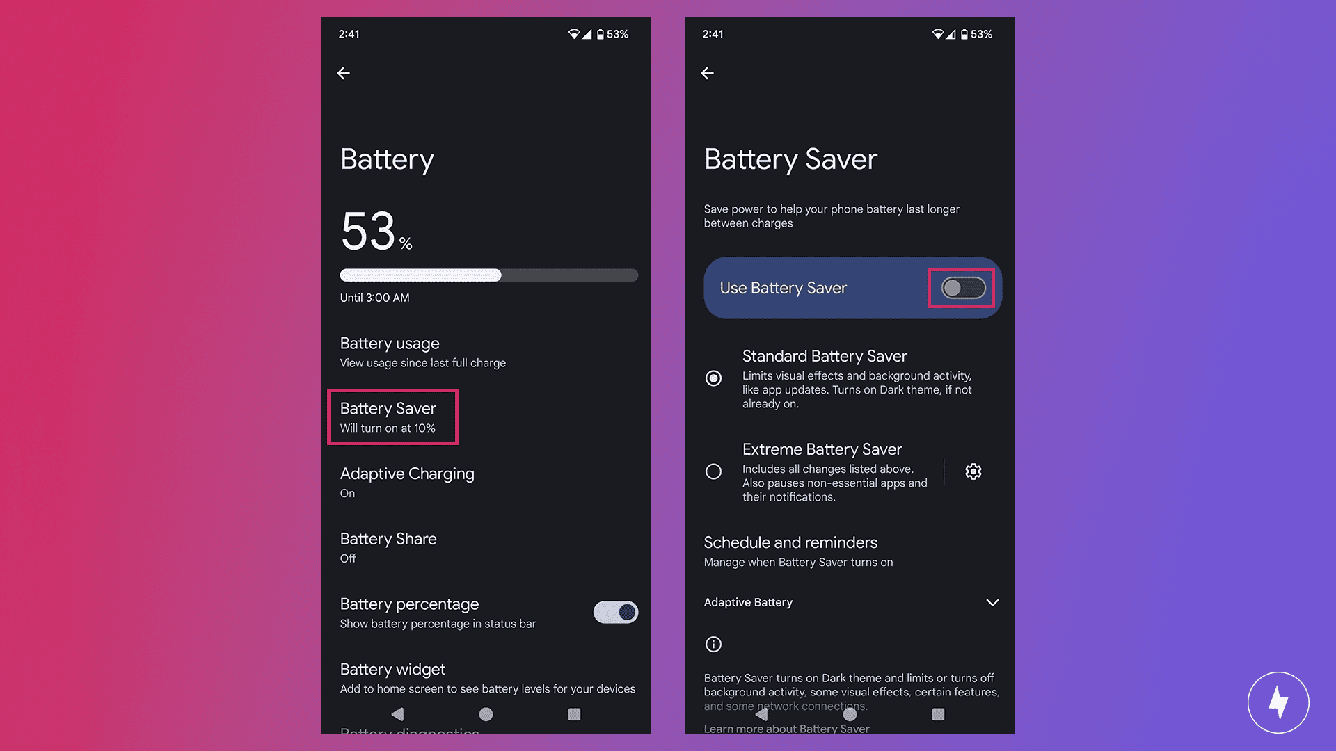 Screenshots showing battery settings for Google Pixel 6 Pro