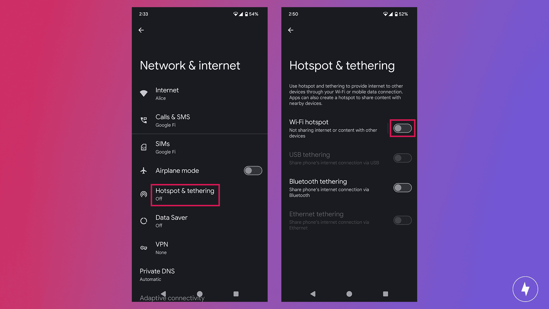 Screenshots of how to turn on a hotspot for Google Pixel 6 Pro