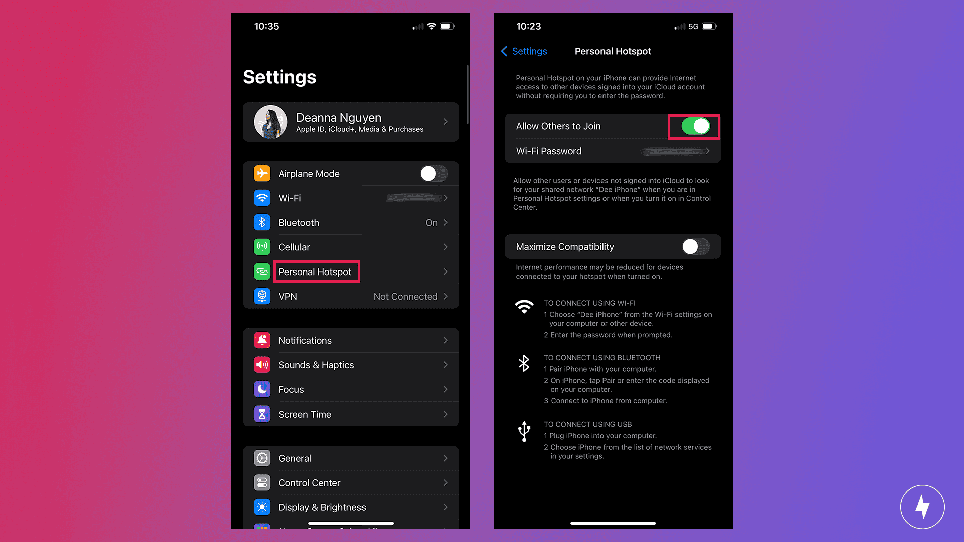 Screenshots of how to turn on a hotspot for iPhone or iPad
